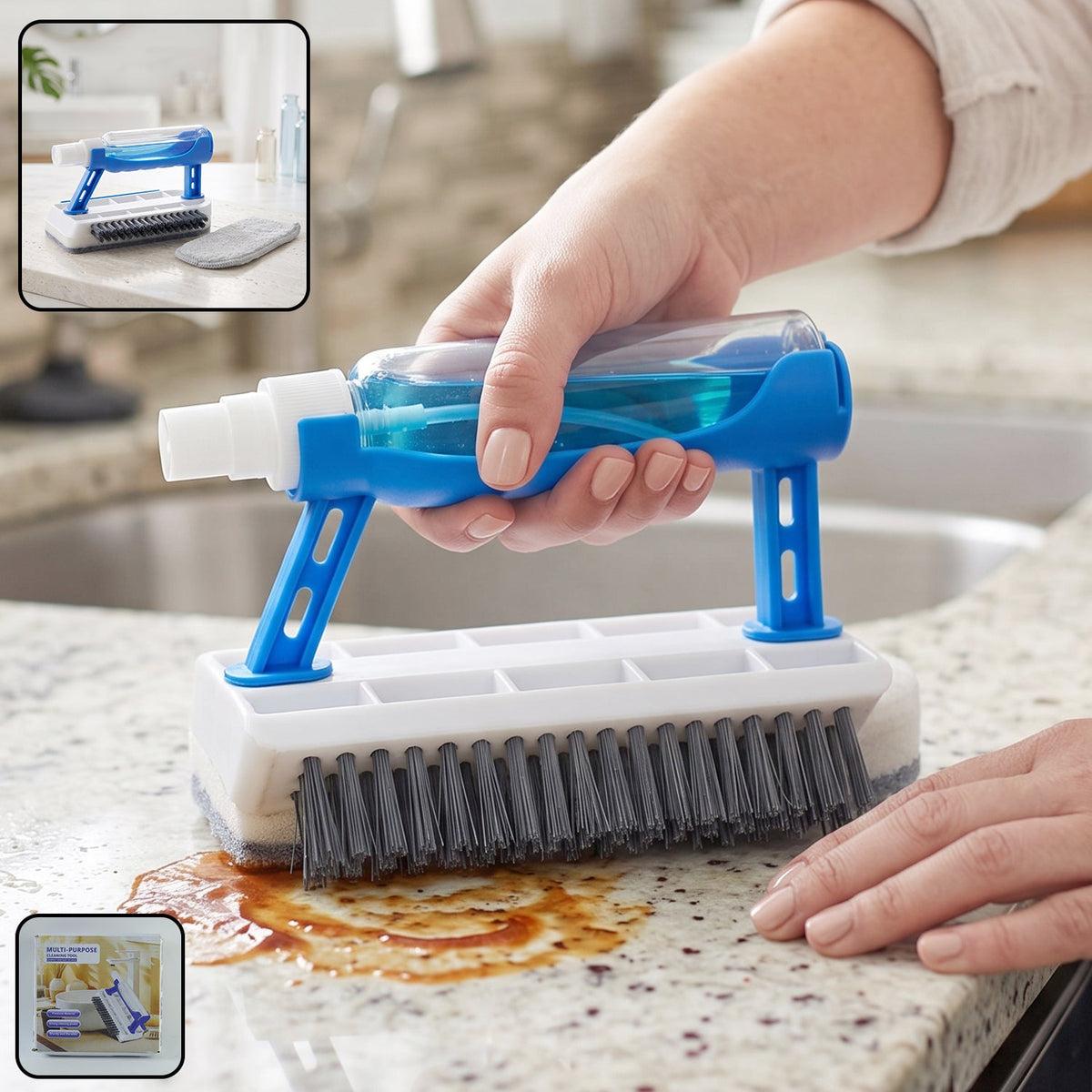 3-in-1 scrub brush with soap dispenser