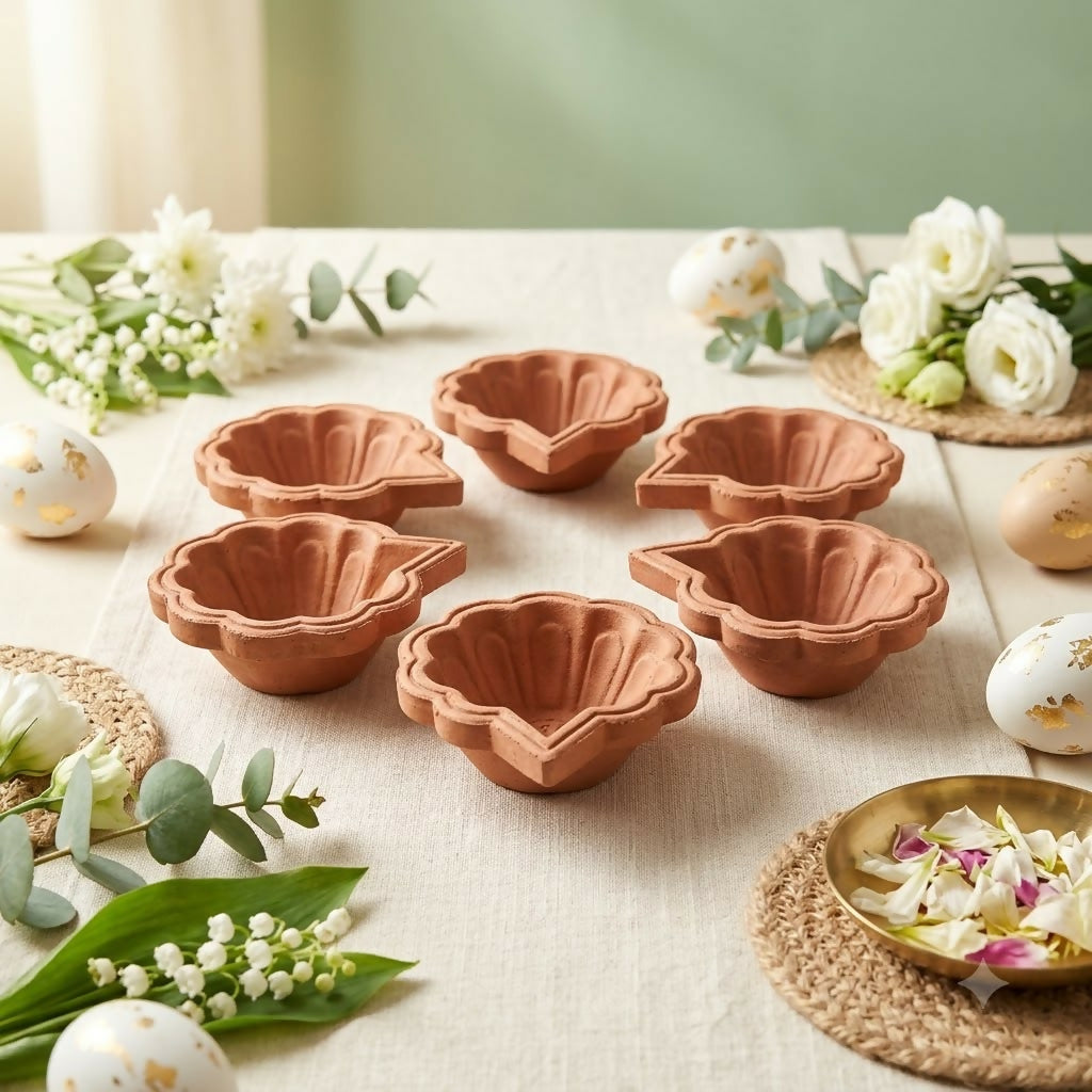 Flower Terracotta Clay Diya Set of 6 – For Pooja & Diwali