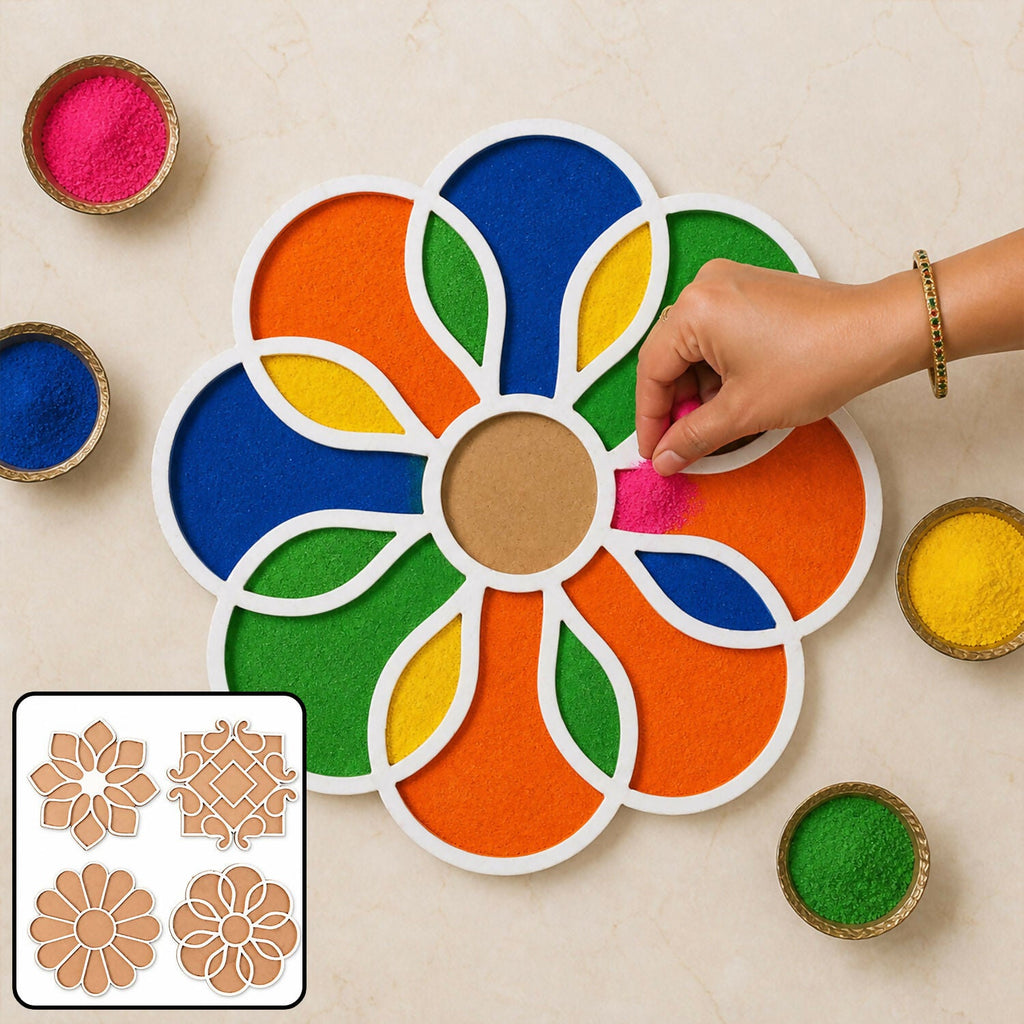 Wooden Rangoli Stencil Set – 4 Floral & Traditional Designs