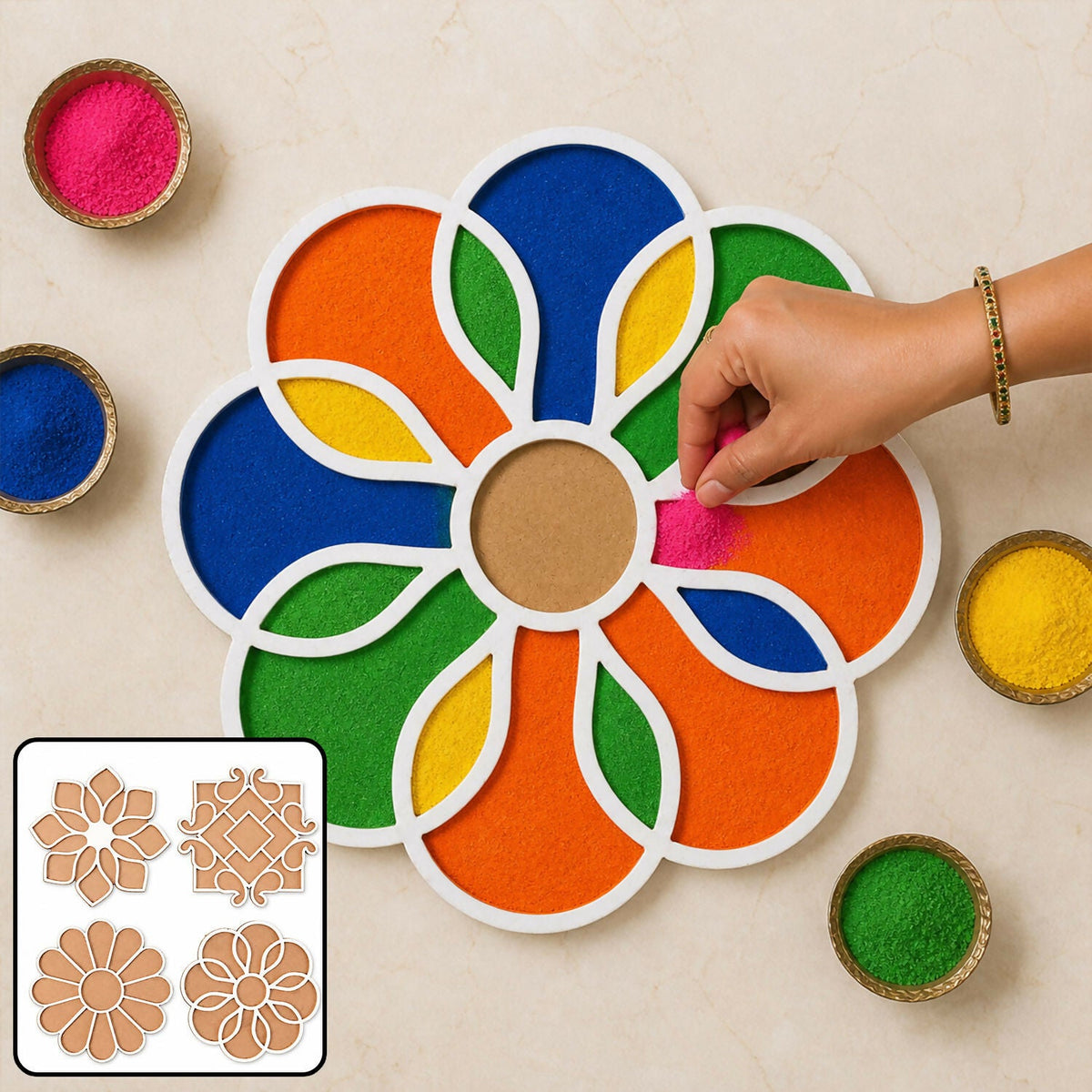 Wooden Rangoli Stencil Set – 4 Floral & Traditional Designs