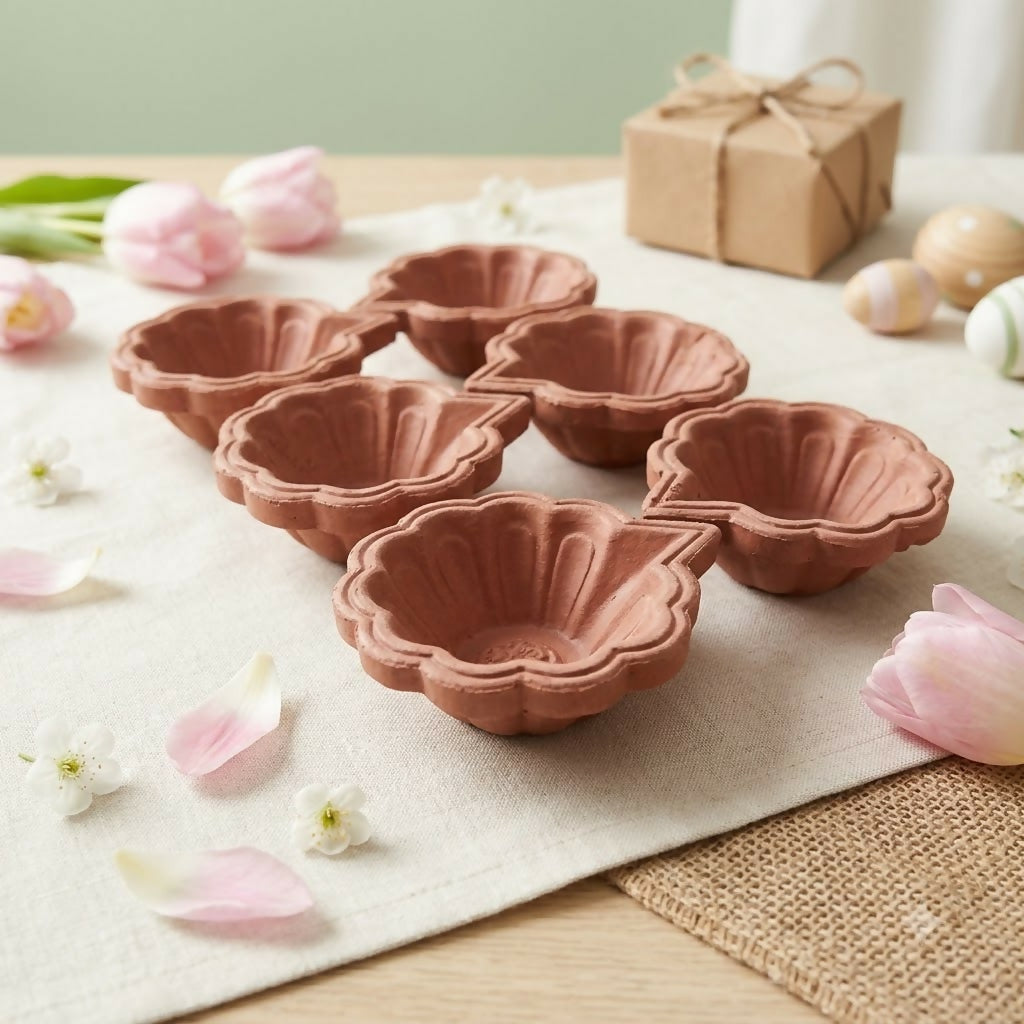 Flower Terracotta Clay Diya Set of 6 – For Pooja & Diwali