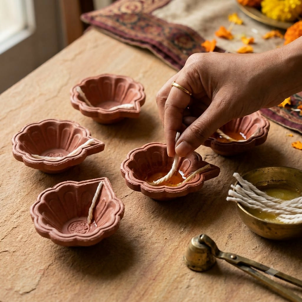 Flower Terracotta Clay Diya Set of 6 – For Pooja & Diwali